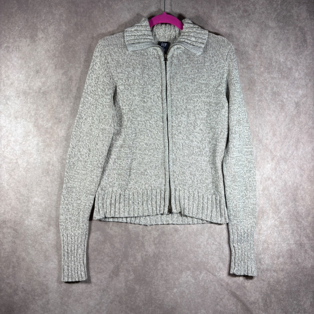 Gap Sweater Womens XL Gray Full Zip Cardigan Chunky Knit Cotton Blend Fisherman